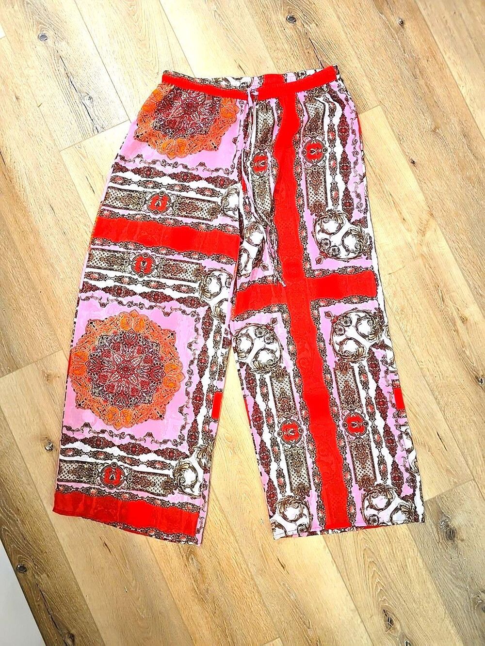 Wide Leg Pants Womens L Paisley Sheer Boho Scarf Print Festival Red Pink Coverup